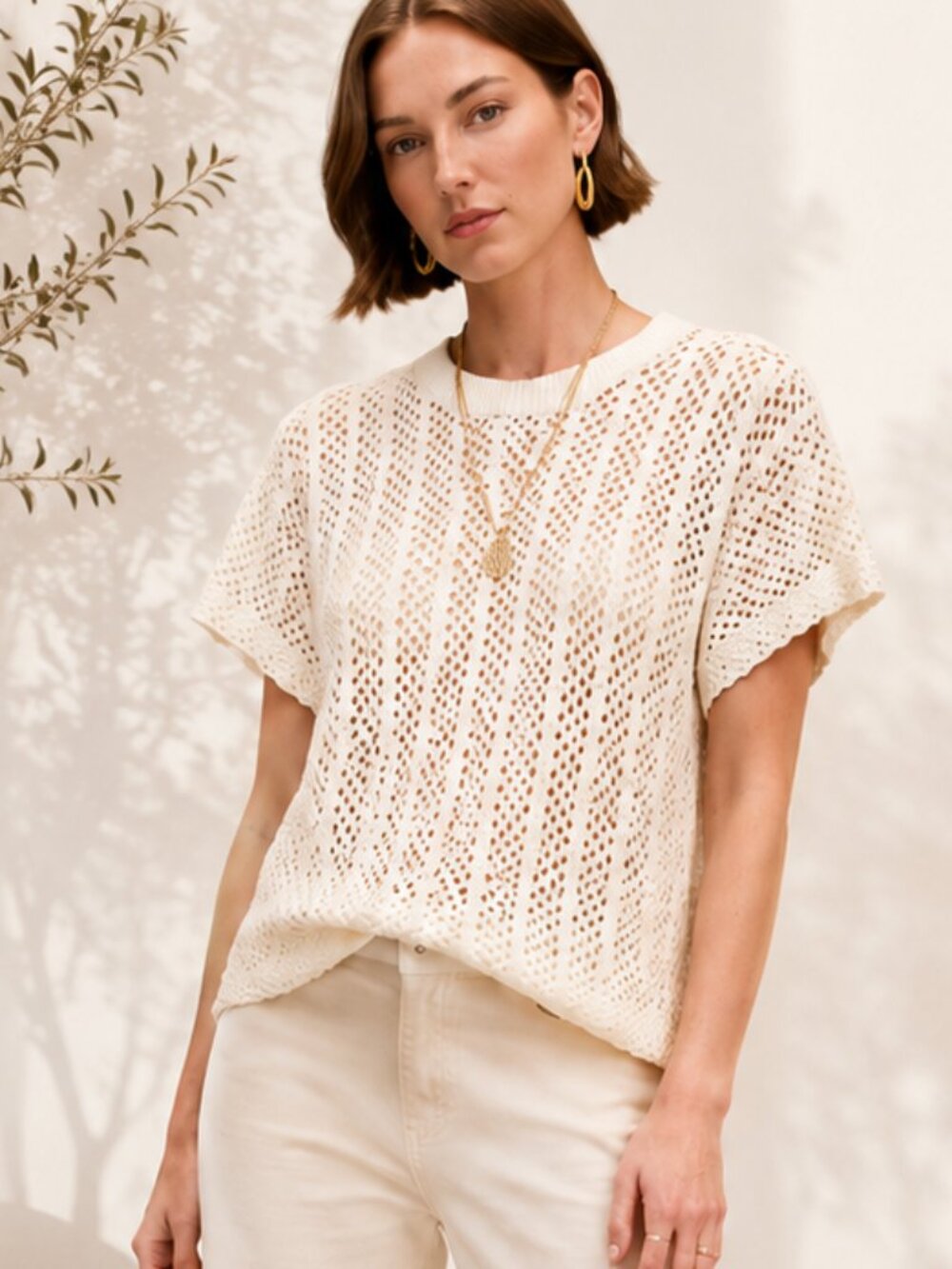 Mango Cream Crochet Short Sleeve Knitted Top Openwork Size M NWT